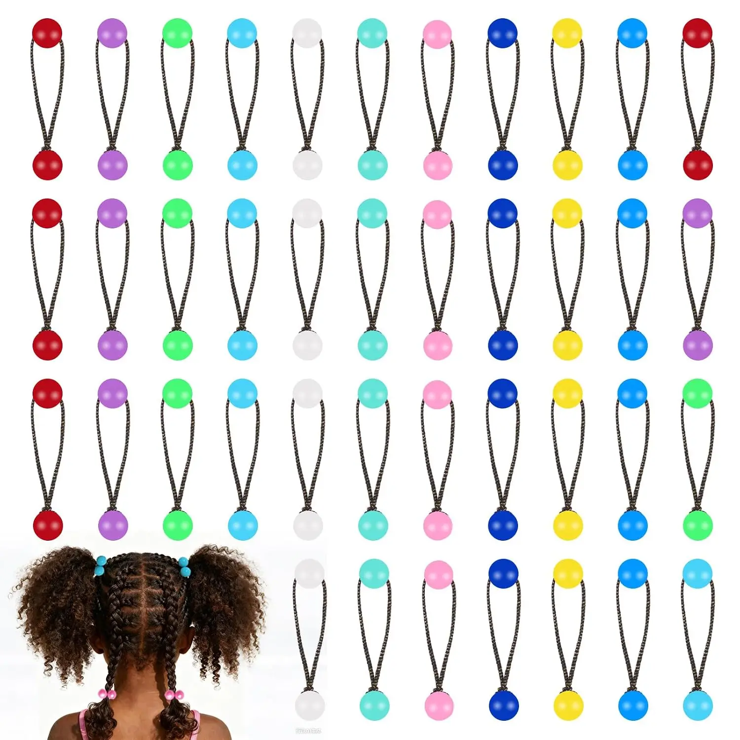 40 count Hair Tie Balls, 12mm Colorful Bubble Ponytail Holders with Double Beads for Girls - 80s 90s Retro Elastic Hair Accessories