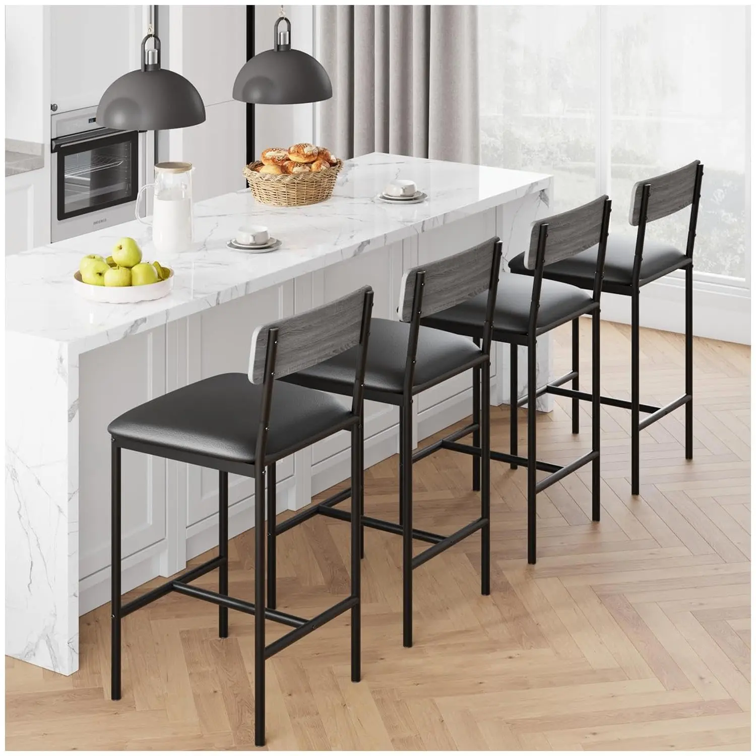 GARVEE Set of 4 Industrial Bar Stools - 25.5" Upholstered Kitchen Counter Stools with Footrest & Back Support  Easy Assembly Design Sturdy Furniture Barstools for Kitchen Dining Home