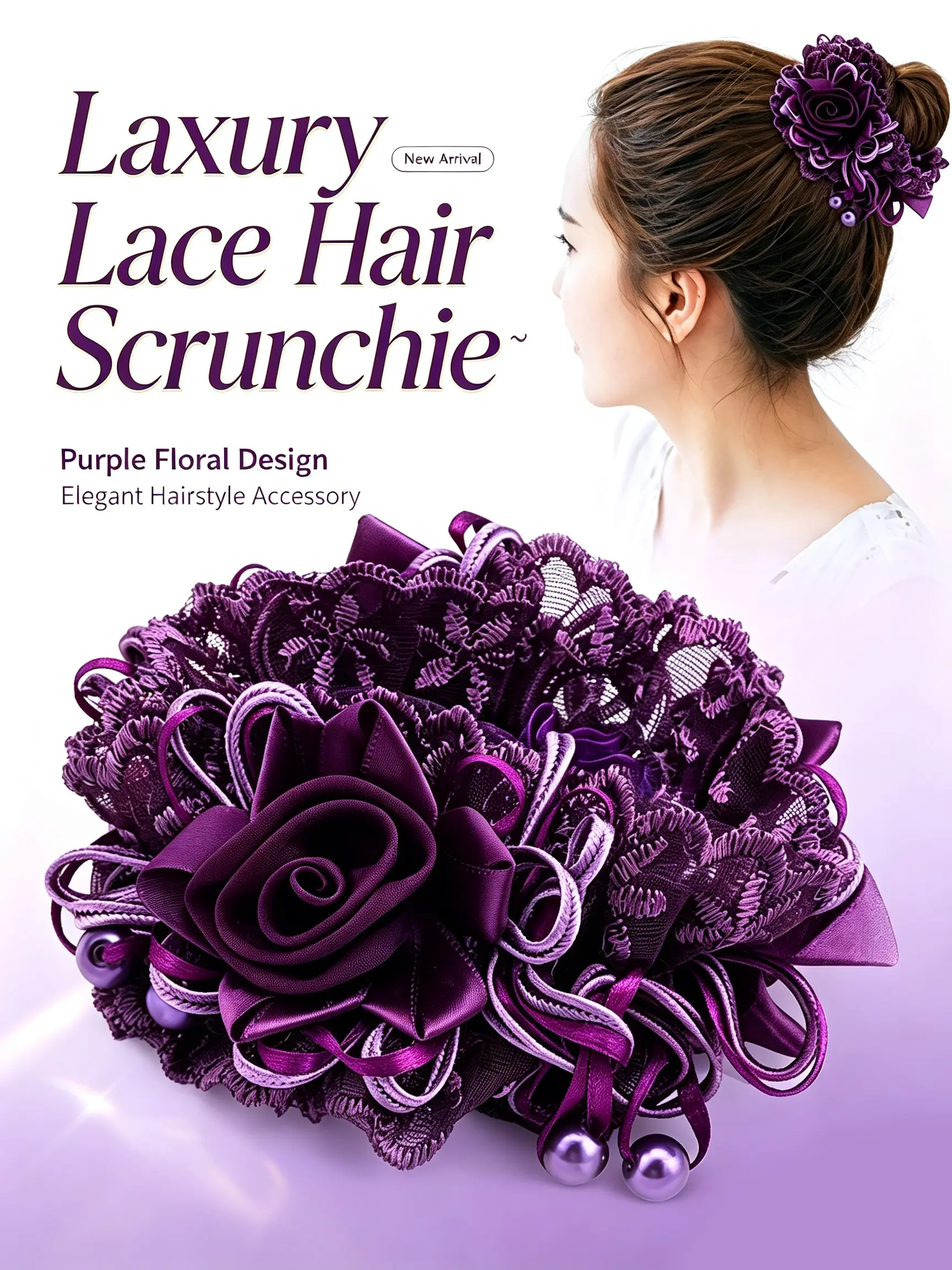 Luxury Handmade Lace Flower Hair Scrunchie  Purple Floral Design, Elegant Hair Accessory for Women, Perfect for Updo Hairstyles