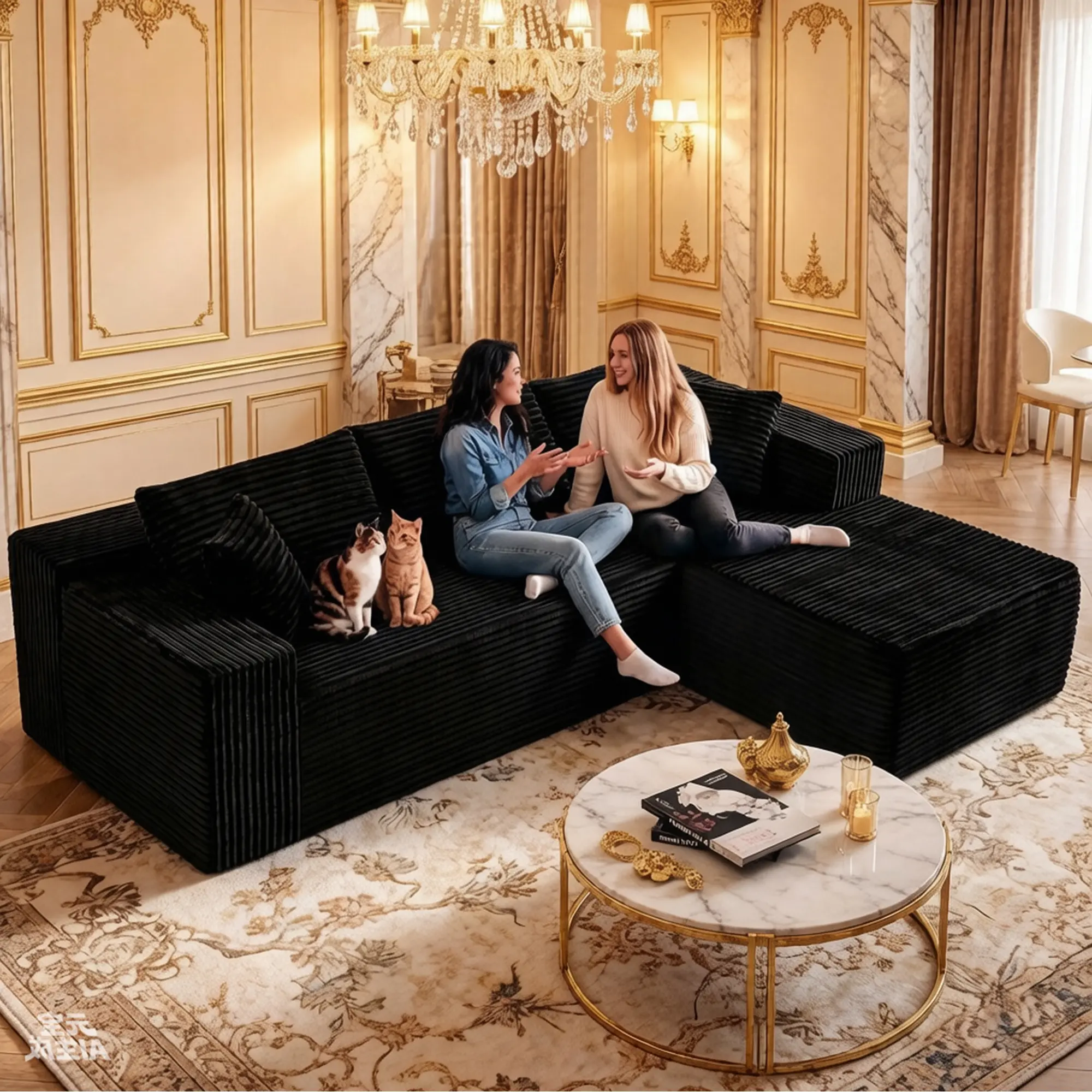 Black+Right Facing Chaise+3 Seat