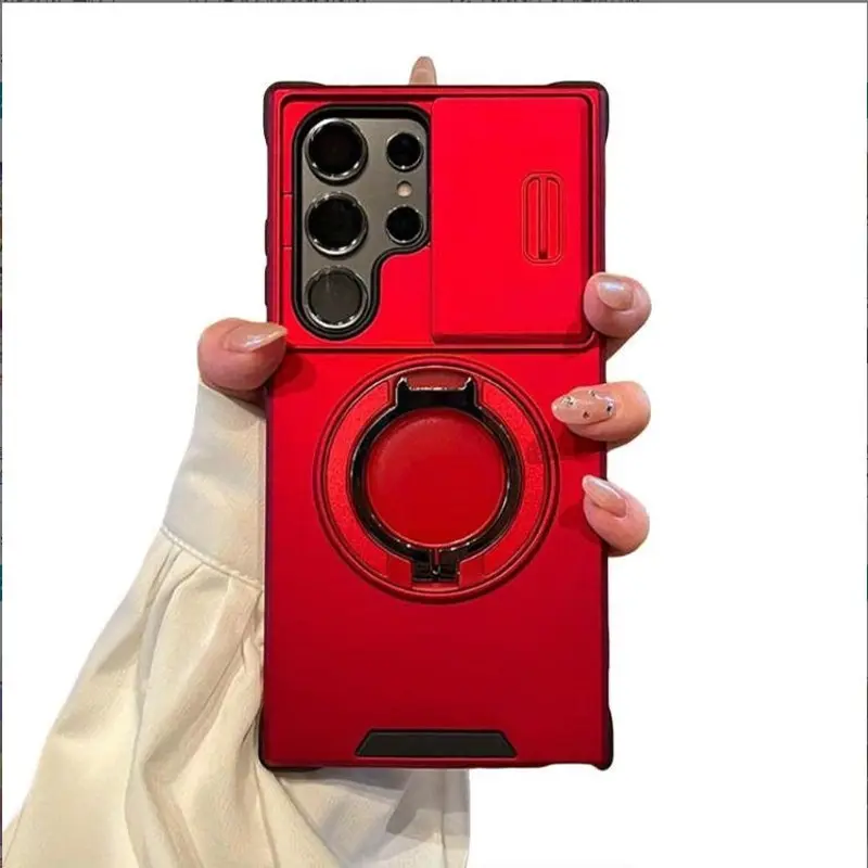 For Samsung Galaxy S26 S25 S24 S23 Ultra Plus Protective Phone Case, Sliding Cover And Magnetic Rotating Bracket Design, Shockproof Frosted Texture Protection Case