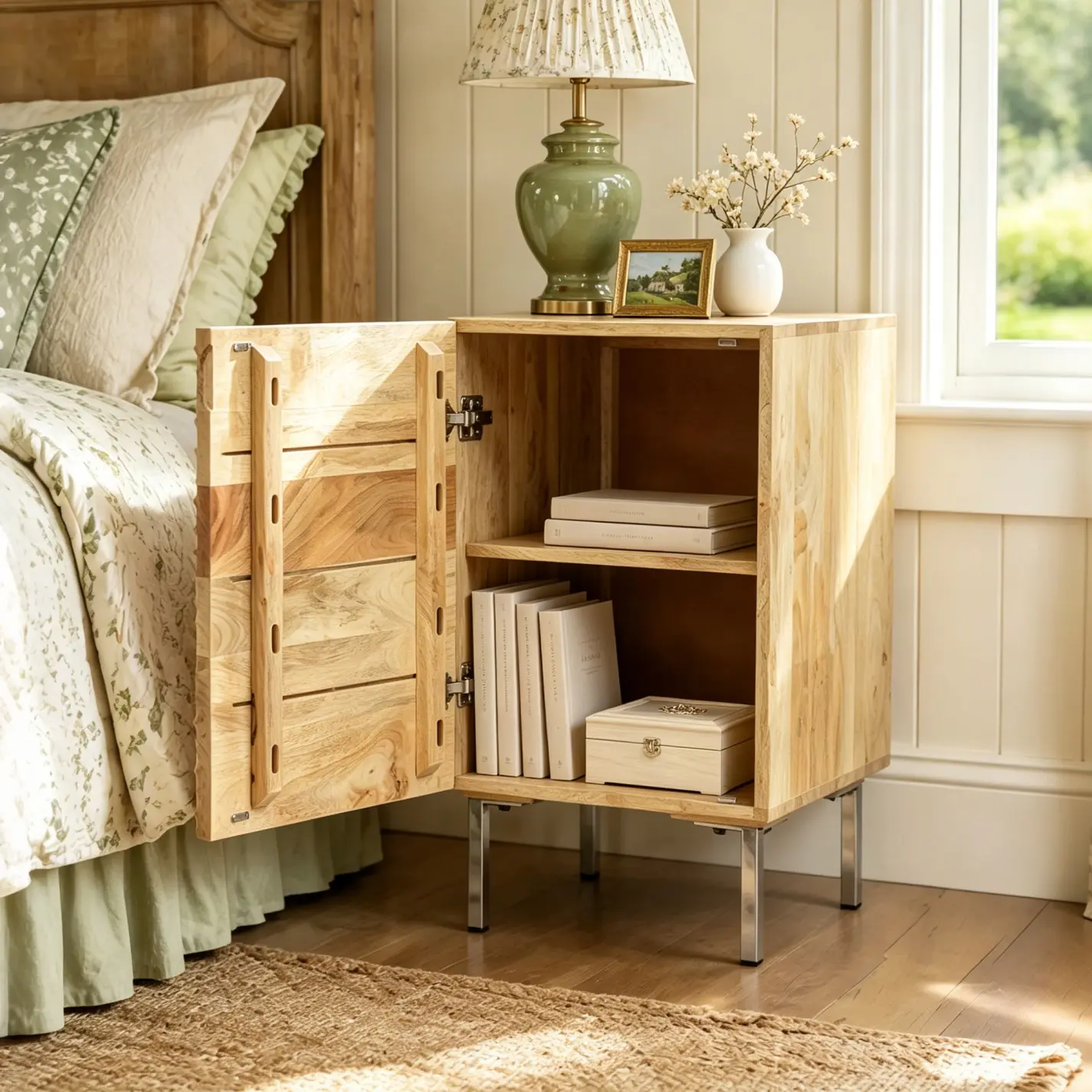 Handcrafted Mango Wood Nightstand, Modern 1 Door Bedside Table with Wave Cabinet Door & Iron Legs, Natural Finish Storage Night Stand with Inner Shelf, Unique Textured Bedroom Side Table KD Assembly