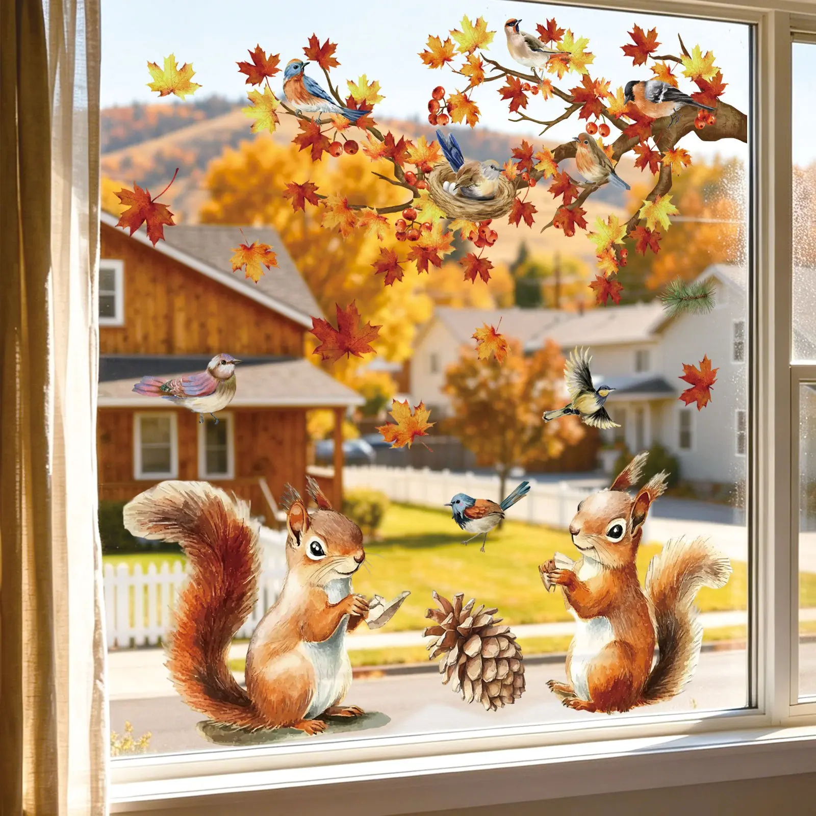 2Pcs Set (3060cm+3040cm) Static Cling Window Stickers, Autumn Red Maple Branches & Squirrel Design, Glue-Free Warm Scene Glass Decals for Fall Shop Window Decor