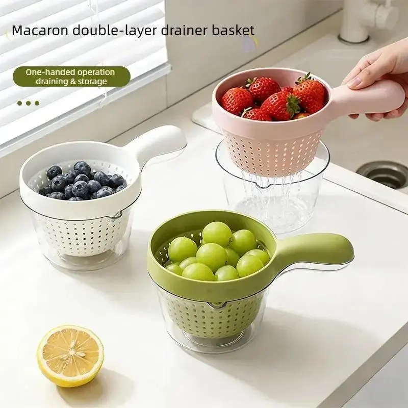 Multi-Use Dual-Layer Fruit Washing Basket with Handle, Cute Compact Draining Basket for Fruits and Vegetables, Essential Kitchen Item