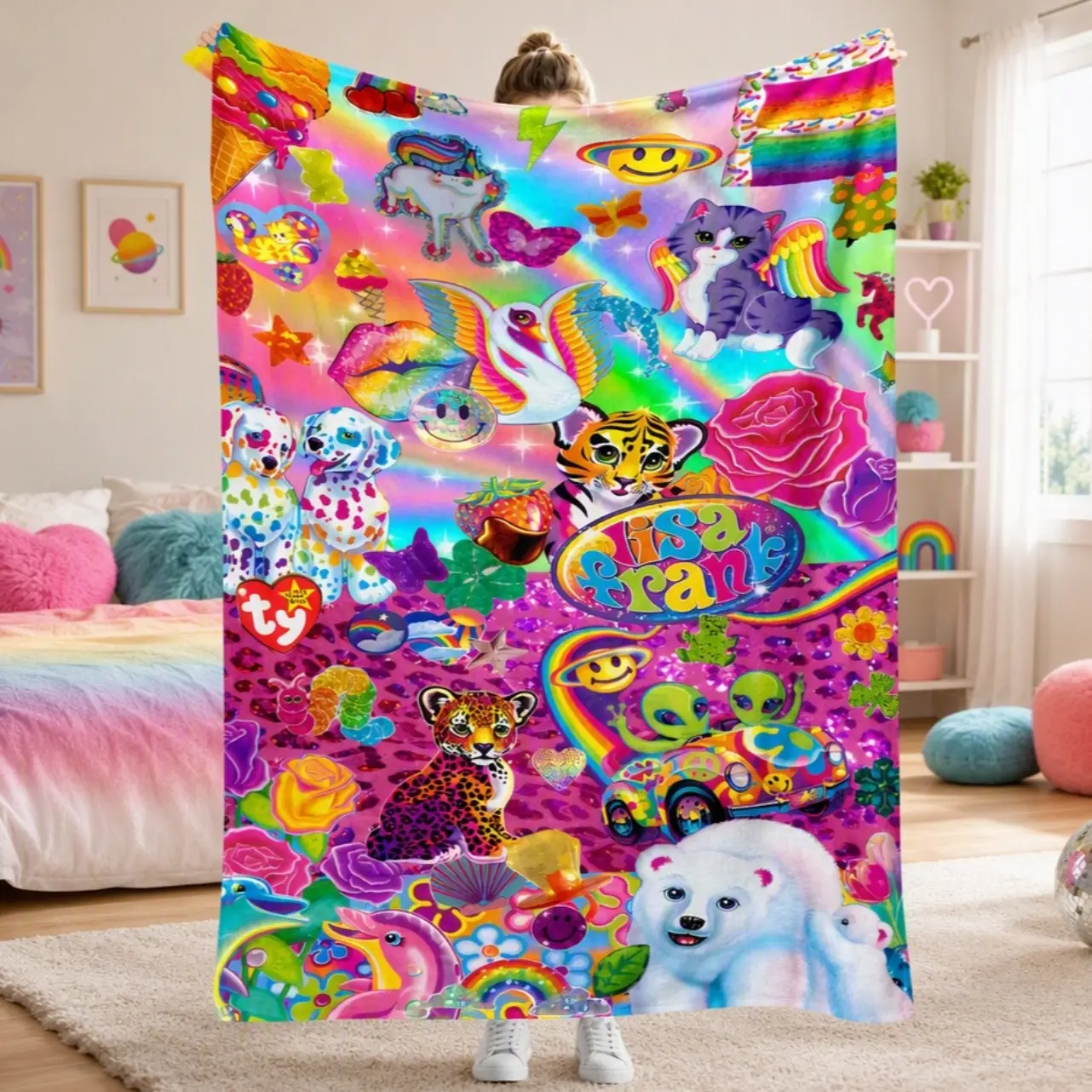 Lisa Frank Collage Fannel Blanket Vibrant Playful Character Print Soft Warm Throw Blanket For Home Relaxation Retro 90s Style Cartoon Blanket Nostalgic Aesthetic Room Decor Y2K Gift Collector Gift