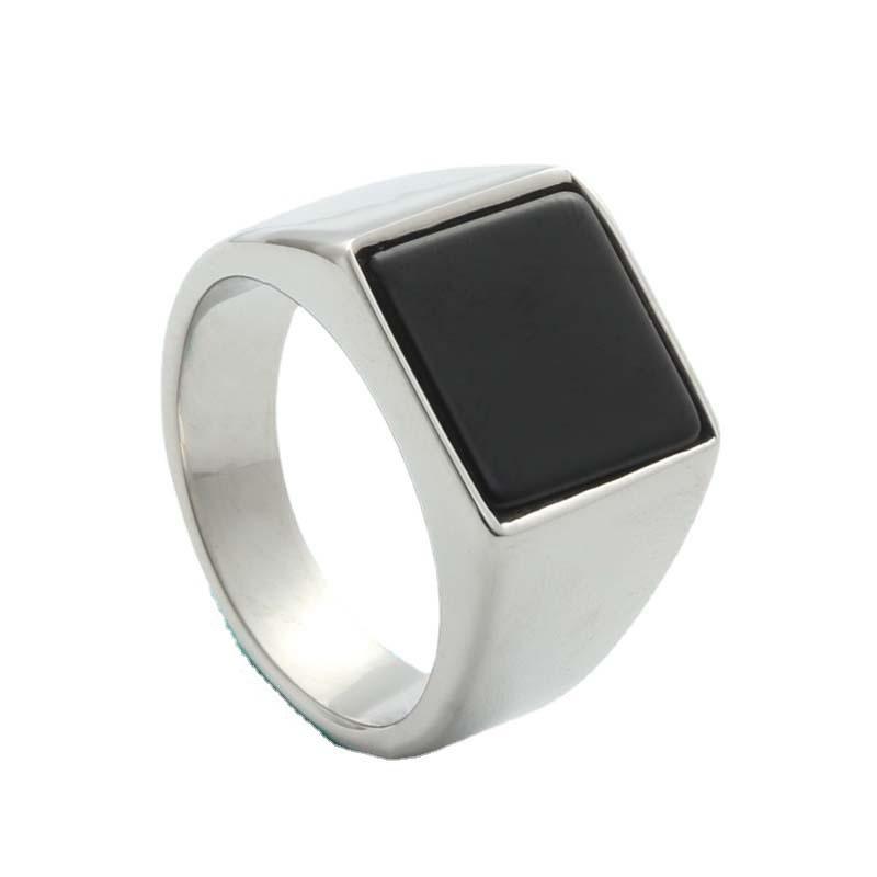 European and American jewelry titanium steel black glass ring, retro trendy men punk stainless steel black gemstone square ring