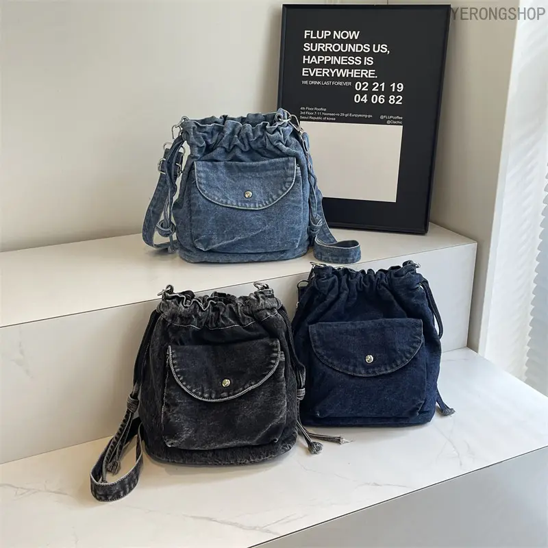 Ruched Denim Mini Bucket Bag for Women, Trendy Casual Drawstring Purse with Adjustable  Strap, Mini Bag, Female, Bucket Shape,  Bags For Women, Casual Wear detachable winter living room decor Leather Skull Print Trifold Wallet Chain crochet shoulder