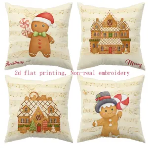 Modern Style Cushion Covers Set, 4pcs, Christmas Theme, Gingerbread Man, House, Sheet Music, Non-Embroidered, Sofa, Bed, Home Decor
