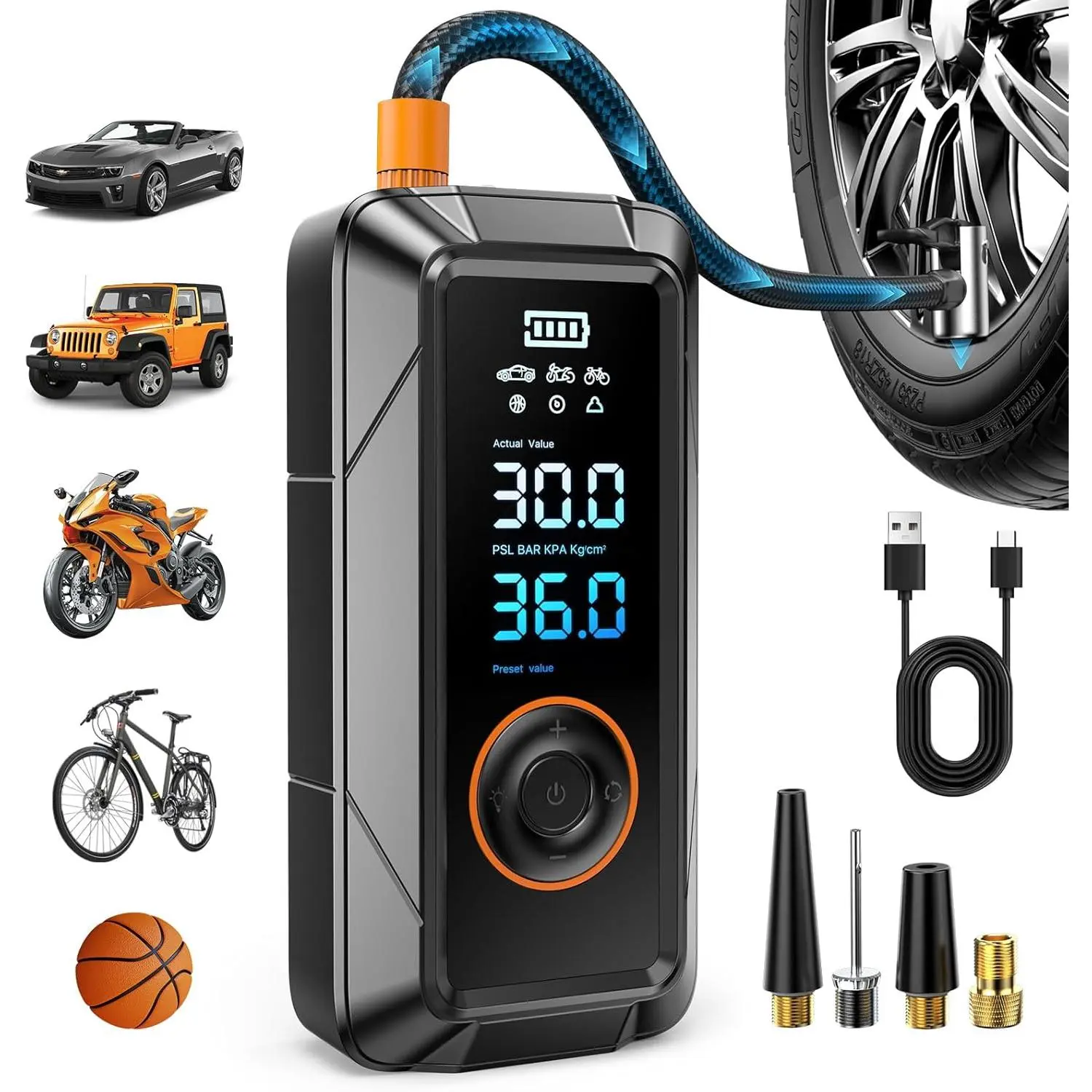 12V DC Cordless Air Compressor Tire Inflator - Compact Portable Pump with Automatic Shut-Off, Digital Pressure Gauge for Cars, Bikes