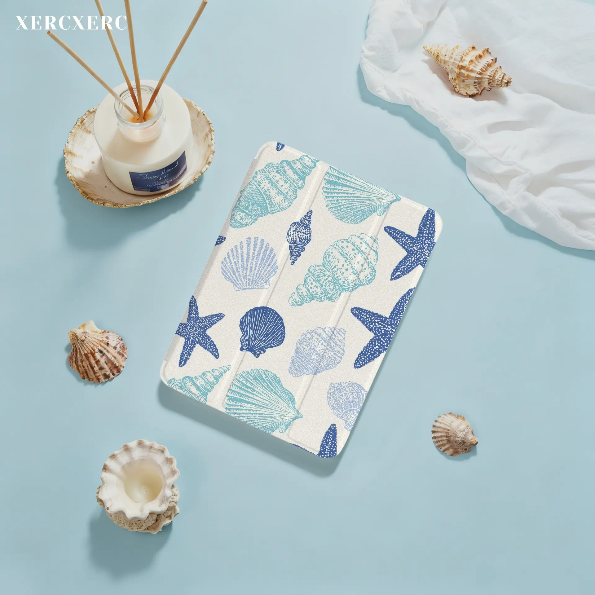 Blue Seashell Starfish Pattern Fall iPad Case PU Leather Flip Cover TPU Back 3 Fold Stand Pencil Holder Shockproof Auto Sleep Wake for Air 11inch Pro 12.9 11 10.9 Mini 8.3 Galaxy Tab S10 S9 Back to School Gift