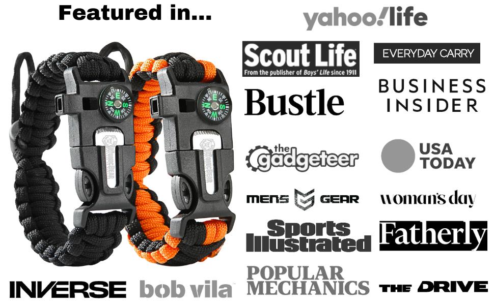 Paracord Bracelet (2 Pack)-Adjustable-Fire Starter-Loud Whistle-Perfect for Hiking, Camping, Fishing and Hunting-Black & Black+Orange