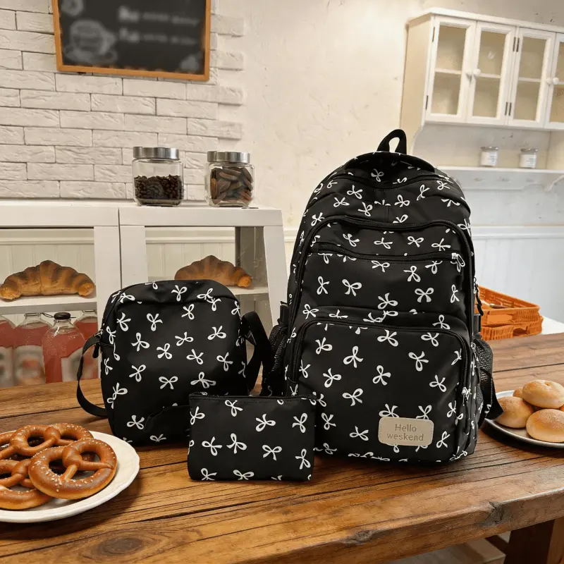 SM-3 in 1 Korean Style Bow Print Backpack Set, Lightweight Simple Women's Fashion Schoolbag for Teen Girls & College