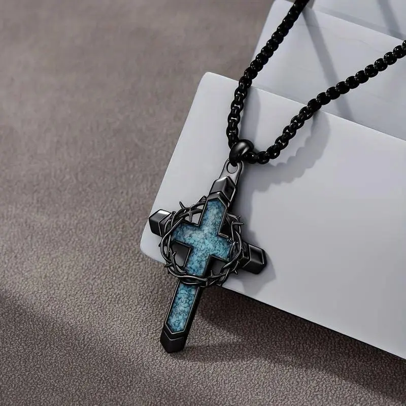 Men's Turquoise Thorny Wreath Crucifix Grunge Cross Gemstone Charm Necklace - 1Pcs Pendant, Chain & Link Jewelry, Sports & Outdoor Protective Gear Accessory, Gemstone Charm Necklaces, Grunge Cross Necklace