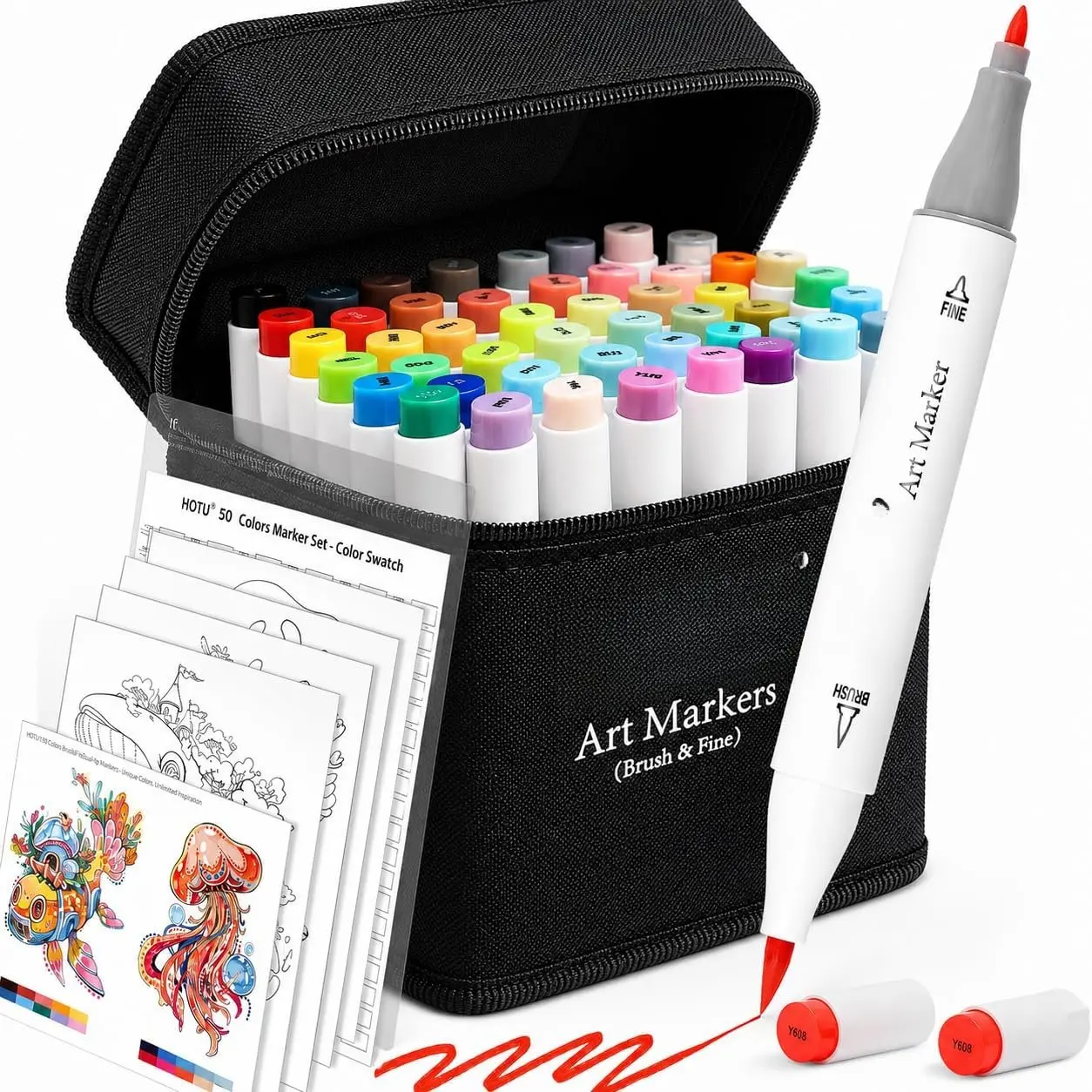50 Colors  Markers Brush Tip and Fine -  Tip Art Marker Set for Artists Adults Coloring, Sketching - Professional  Based Markers with Bleed-prevention Pad & 4 Coloring Cards