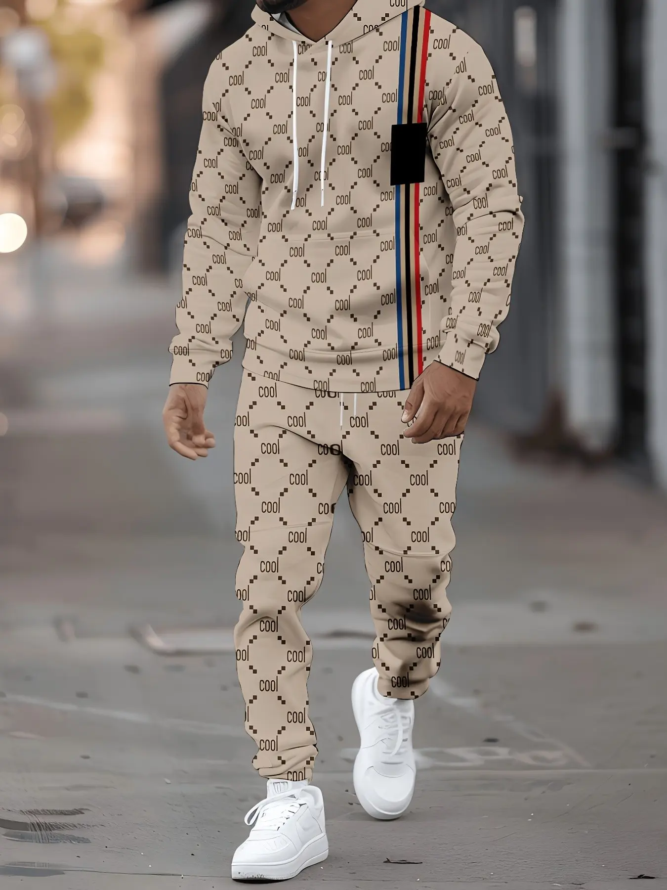 Men's Cool Old Money Style 3D Printed Hooded Sweatshirt and Pants Set, Athleisure Tracksuit Set, Polyester Casual Sportswear, Slim Fit Knit Fabric