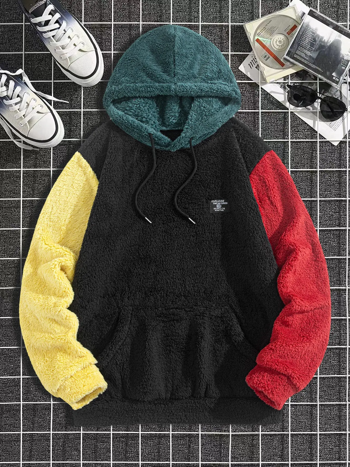 Men's Multi Tone Color Block Fluffy Fleece Hoodie, Contrast Sleeve Tag Detail, Loose Cozy Warm Pullover for Lounge, Sleep, Walk, Streetwear