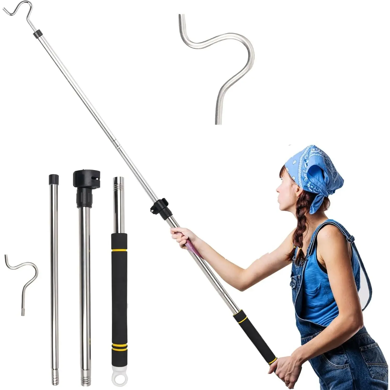 Heavy Duty Closet Hanger Reaching Pole, 36" to 65" Telescoping Clothes Hook Pole with S Hooks - Stainless Steel, Sturdy, Lightweight, Non-Slip Soft Sponge Handle for Plant Hanging