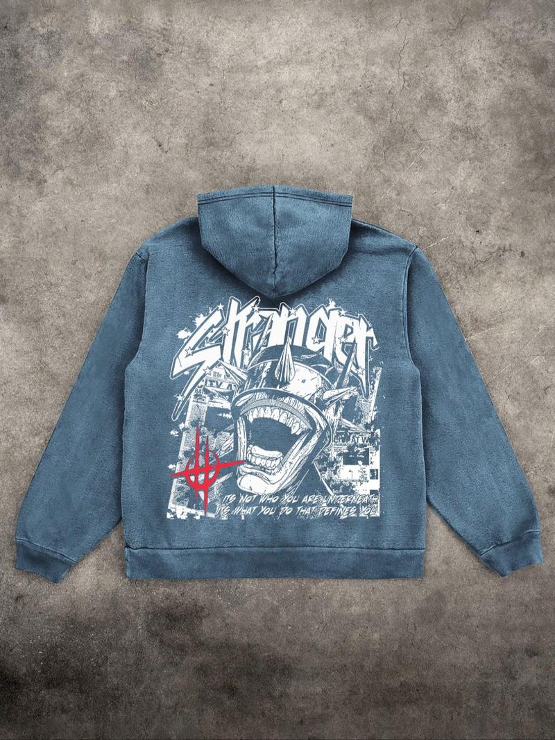 Men's Street Style Graphic Print Washed Distressed Drawstring Hoodie, Casual Comfy Long Sleeve Kangaroo Pocket Design Hooded Sweatshirt for Daily Wear