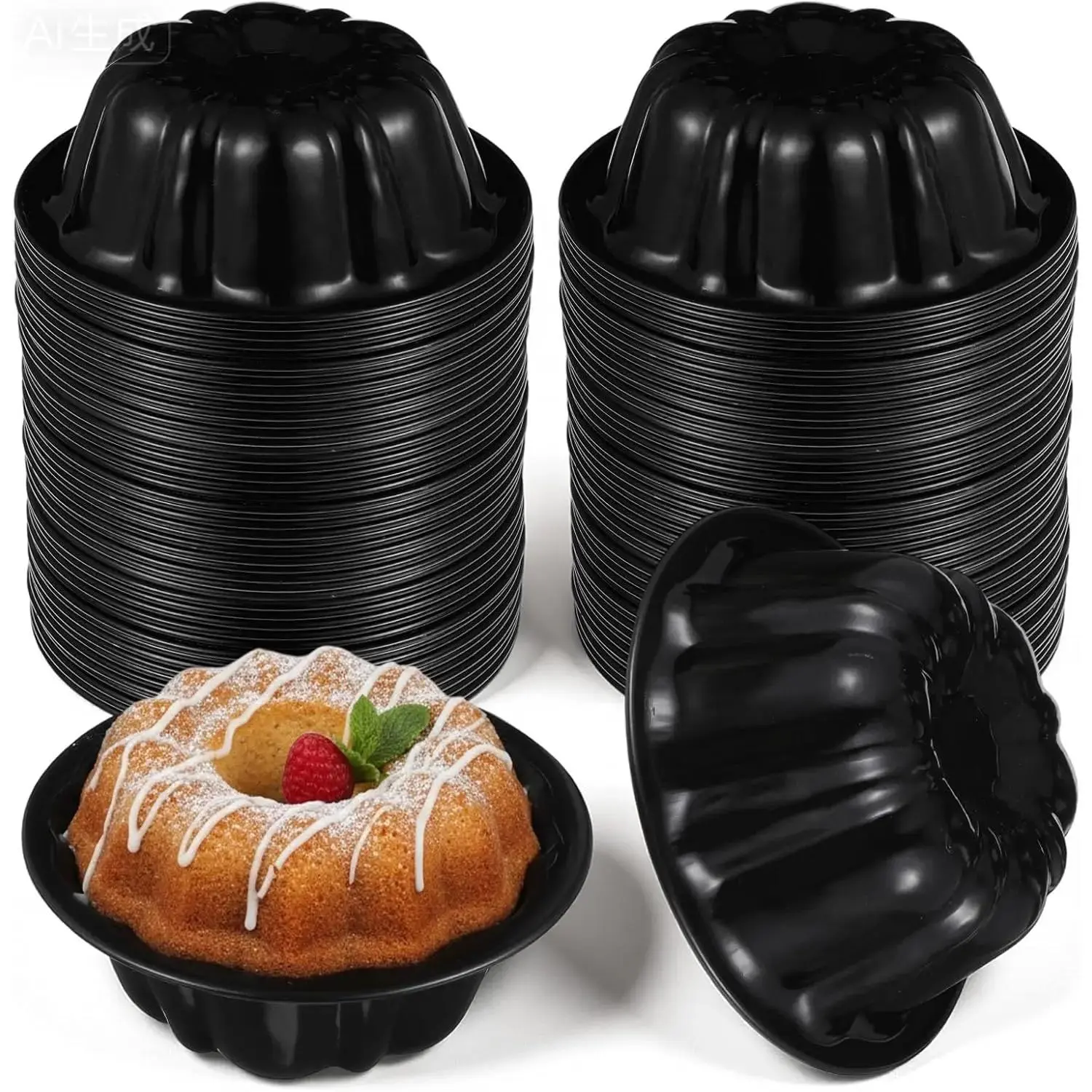 16PCS Mini Chocoflan Mold Set - 4 Inch Carbon Steel Fluted Nonstick Round Flower Shaped Reusable Baking Pans for Chocoflan, Cupcake, Brownie