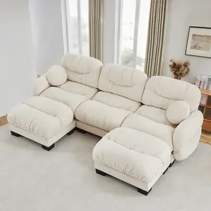 Aobtkel 3-Seater Customizable U-Shape Modular Chenille Sofa - Pleated Design, High-Density Foam Seat, Curved Arms, Ergonomic Support, 2 Ottomans, 2 Round Throw Pillows, Beige Living Room Couch, Assembly Required