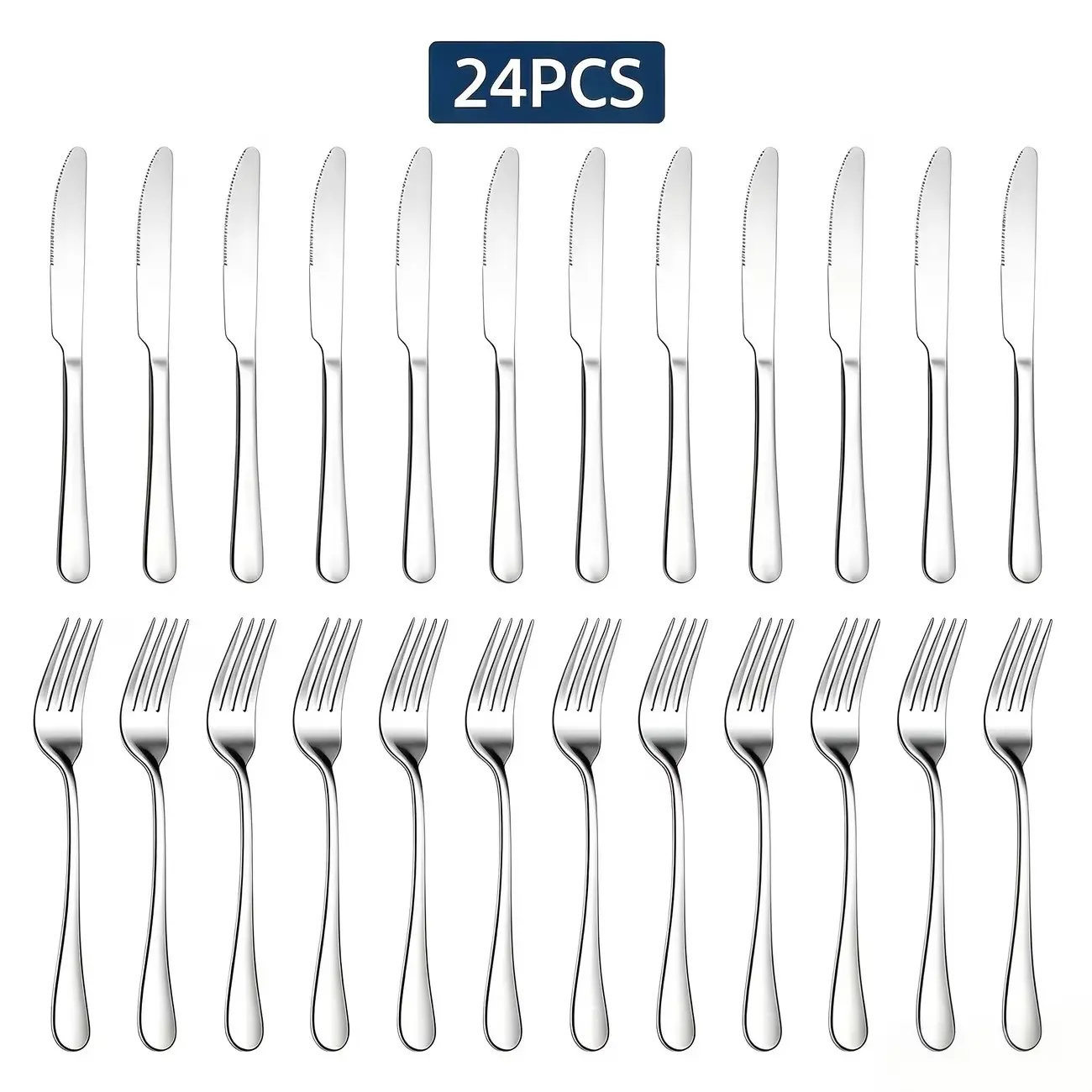 24 Piece Silver Color Stainless Steel Cutlery Set, Luxury Shiny Western Dining Utensils, Home Hotel Restaurant Steak Knife Fork Set