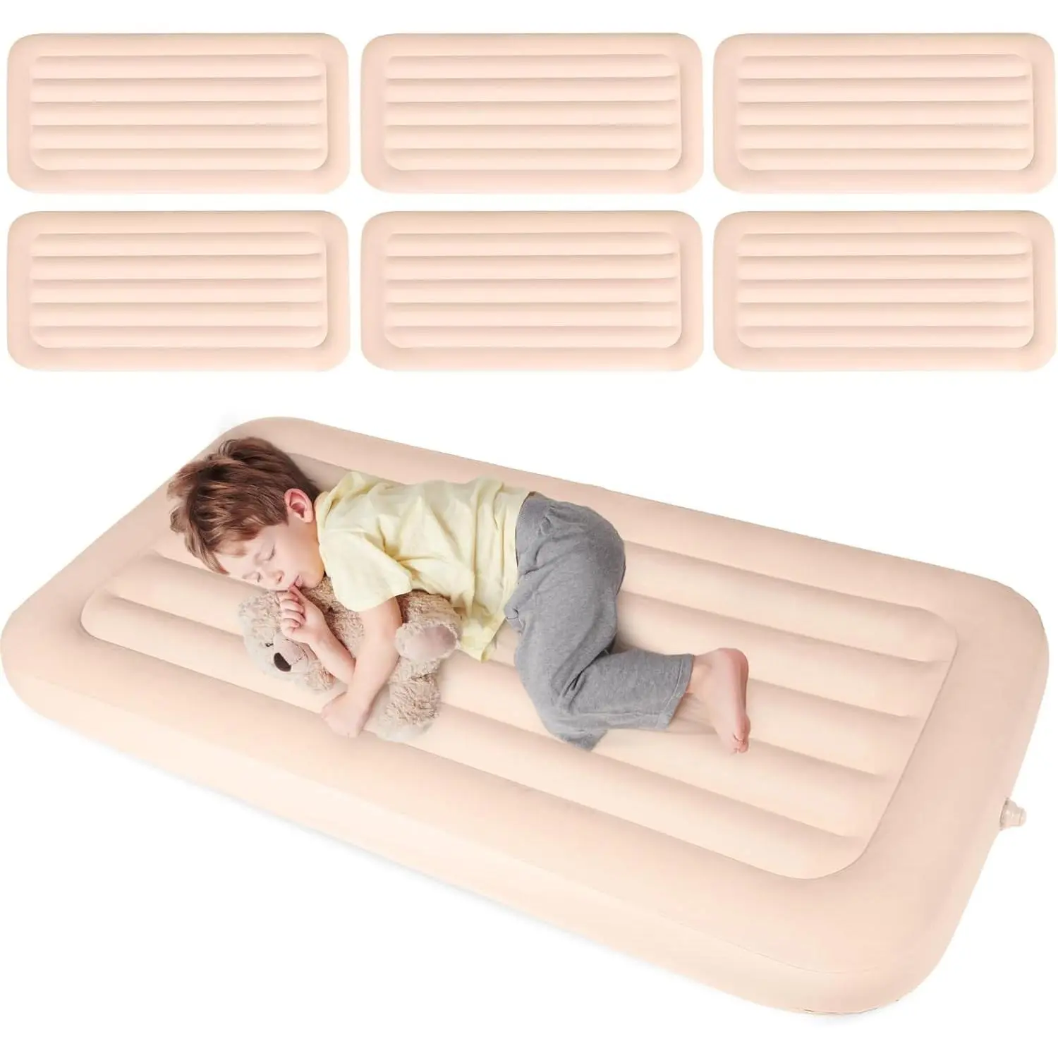 6 Pcs Kids Air Mattress Toddler Inflatable Sleepover Airbed 55 x 27.6 x 8.7 Inch Foldable Comfort Flocked Blow up Bed with Patch Kit Portable Air Mattresses for Home Travel Camping Party