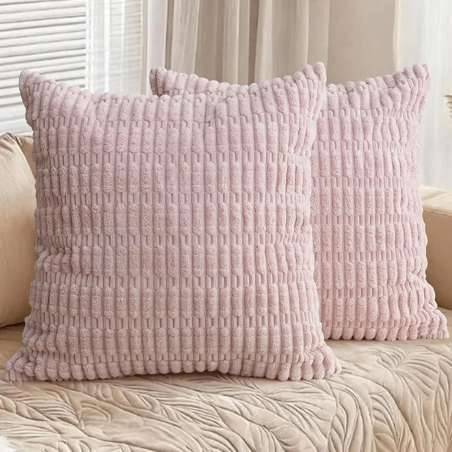 Throw Pillow Covers 18x18 Inch 2 Pack Soft Boho Striped Sofa Pillow Covers Decorative Corduroy, Modern   Decor for Sofa Living Room Couch Bed,
