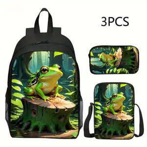 Cute frog 3pcs Set Backpack, Unisex, Lightweight Polyester, Adjustable Strap, Zipper Closure, Hand Wash, Personality Style with Print Design
