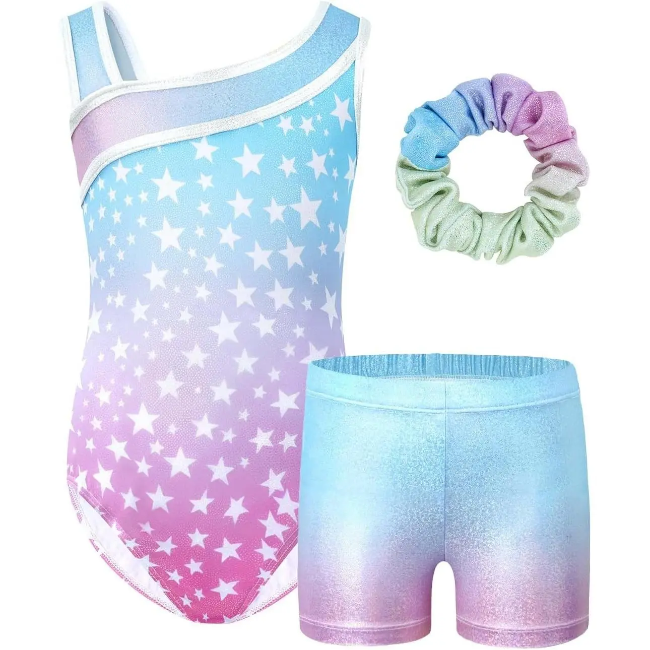 Girls Gymnastics Leotards 3 Pcs Sleeveless Sparkly Dance Unitards Glitter Ballet Dance Unitards Activewear with Short & Scrunchie, Tumbling Outfits for Girls 3-12Y