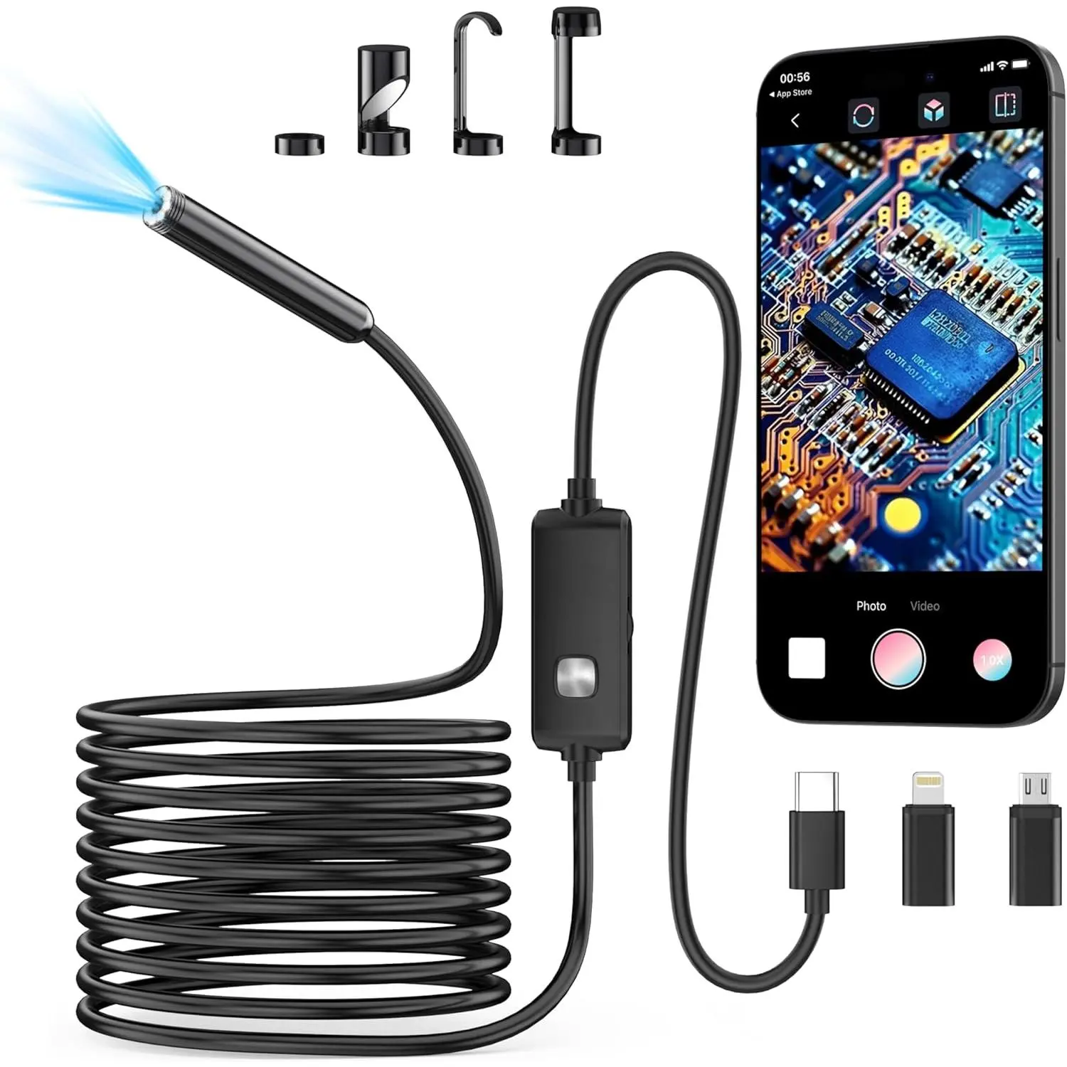 Inspection Borescope Camera, Waterproof Probe with Semi-Rigid Snake Cable, Portable Inspection Tool for Auto & Home Repair