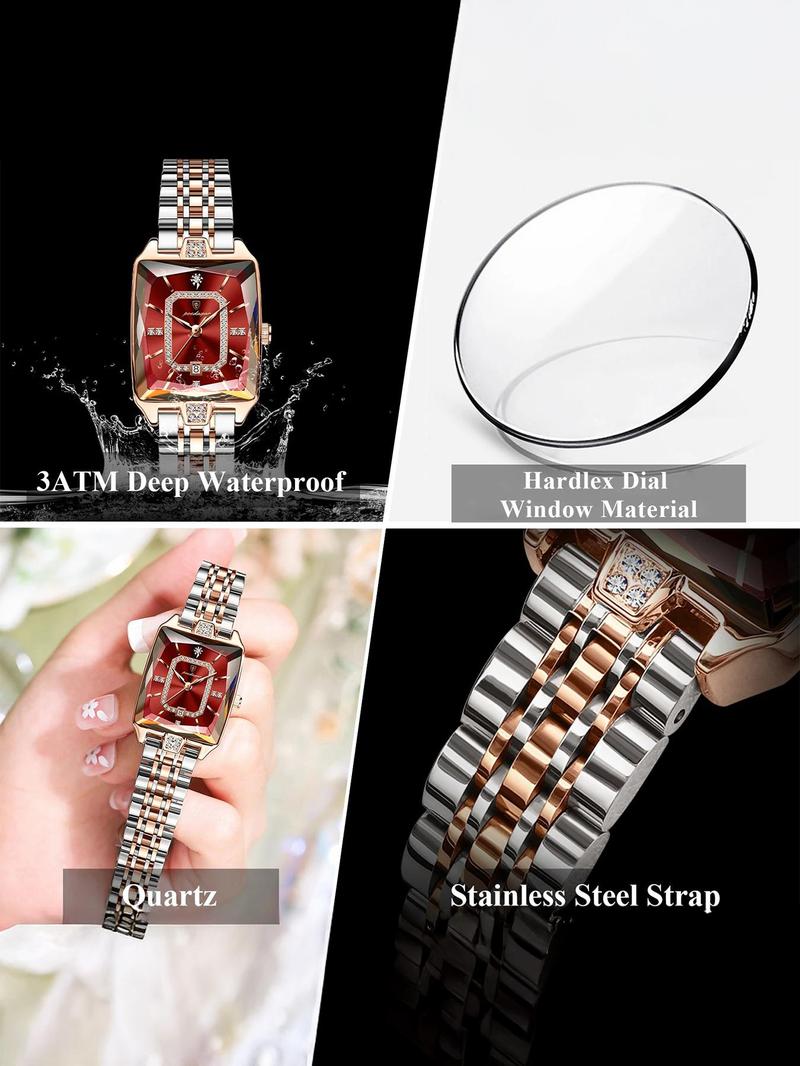 Women's Elegant Rectangle Dial Analog Quartz Watch, Exquisite Trendy Wristwatch, Fashionable Watch for Women As Gift with Box, Stainless Steel Watches