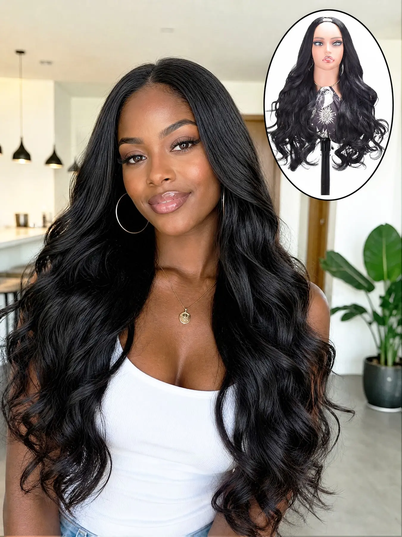 Yaki Curly V Part Wig Half Wig with Flip Curls Black u Part Wig long wave hair extension synthetic Heat-Resistant Fiber half wig glueless v part,filp curls   ,natural,for women,daily party use,natural looking wig Beginner Friendly
