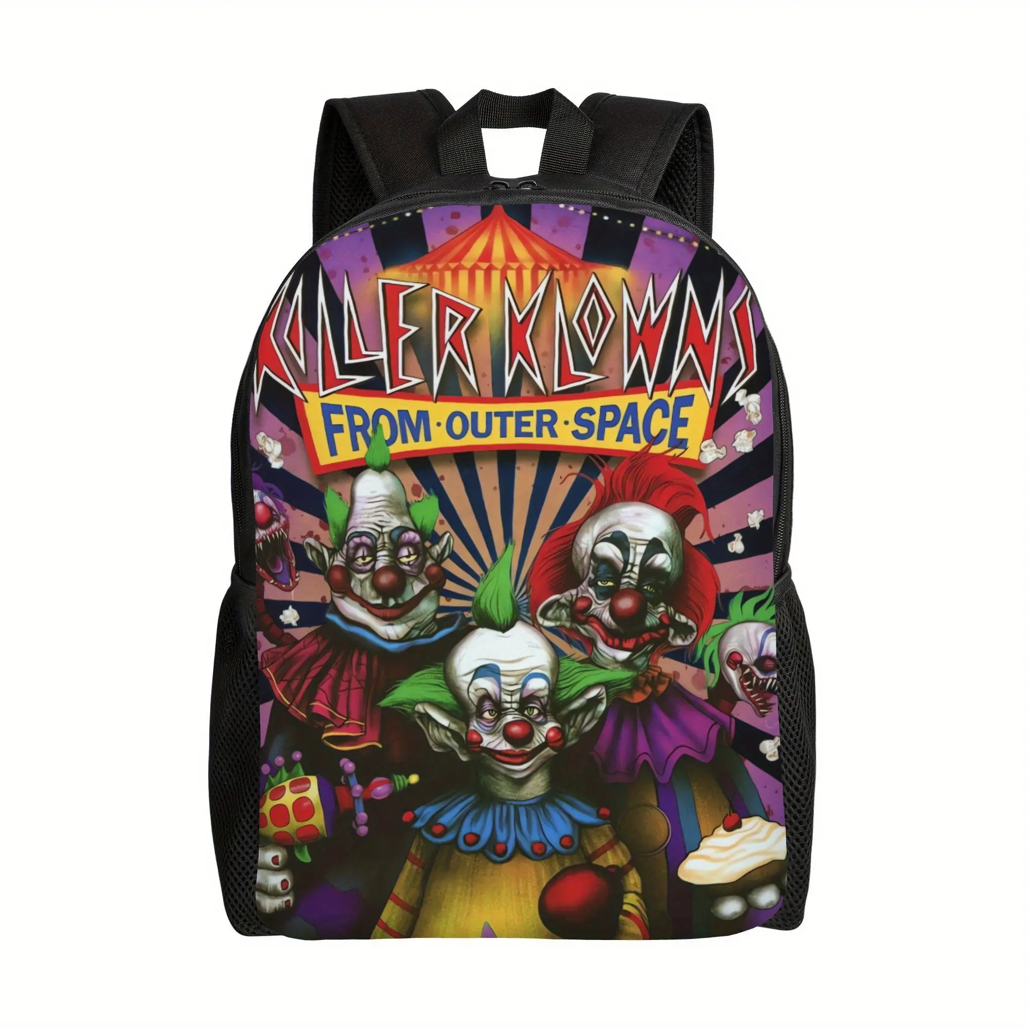 Bucked Up Killer Klowns From Outer Space Horror Art Backpack - 600D Oxford Laptop Bag, Lightweight Padded Straps, Multi-Pocket Daypack, Back to School Fit, Embroidering Fantasy Design, For Halloween Horror Fans (Do Not Dry Clean)