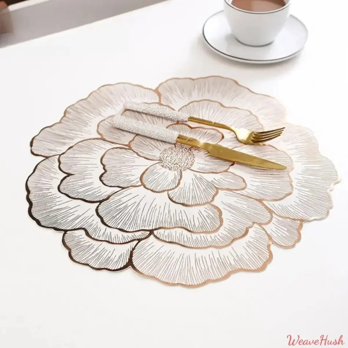 Floral Placemats with Gold Trim, Waterproof Heat Resistant Table Mats with Elegant Design for Dining Room Decor, Kitchen Tables, Parties and Everyday Use