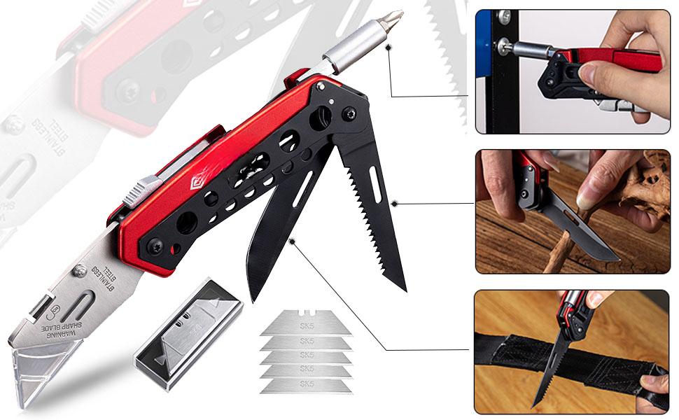 Folding Utility Box Cutter with 5 Razor Blades, Pocket Utility Knives, Screwdriver, Saw, Lock Design, Clip and Holder for Belt, EDC Heavy Duty Work Knifes, Fathers Day Dad Gifts for Papa Folding Utility Box Cutter with 5 Razor Blades, Pocket Utility Knives, Screwdriver, Saw, Lock Design, Clip and Holder for Belt, EDC Heavy Duty Work Knifes, Fathers Day Dad Gifts for Papa