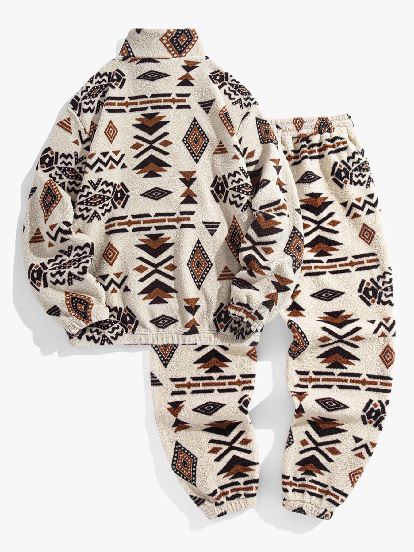 Men's Ethnic Pattern Zip Up Hooded Sweatshirt & Pants Two-piece Set, Casual Long Sleeve Collar Top & Pocket Trousers for Fall & Winter, Men's Two-piece Outfits for Daily Wear, Clothes