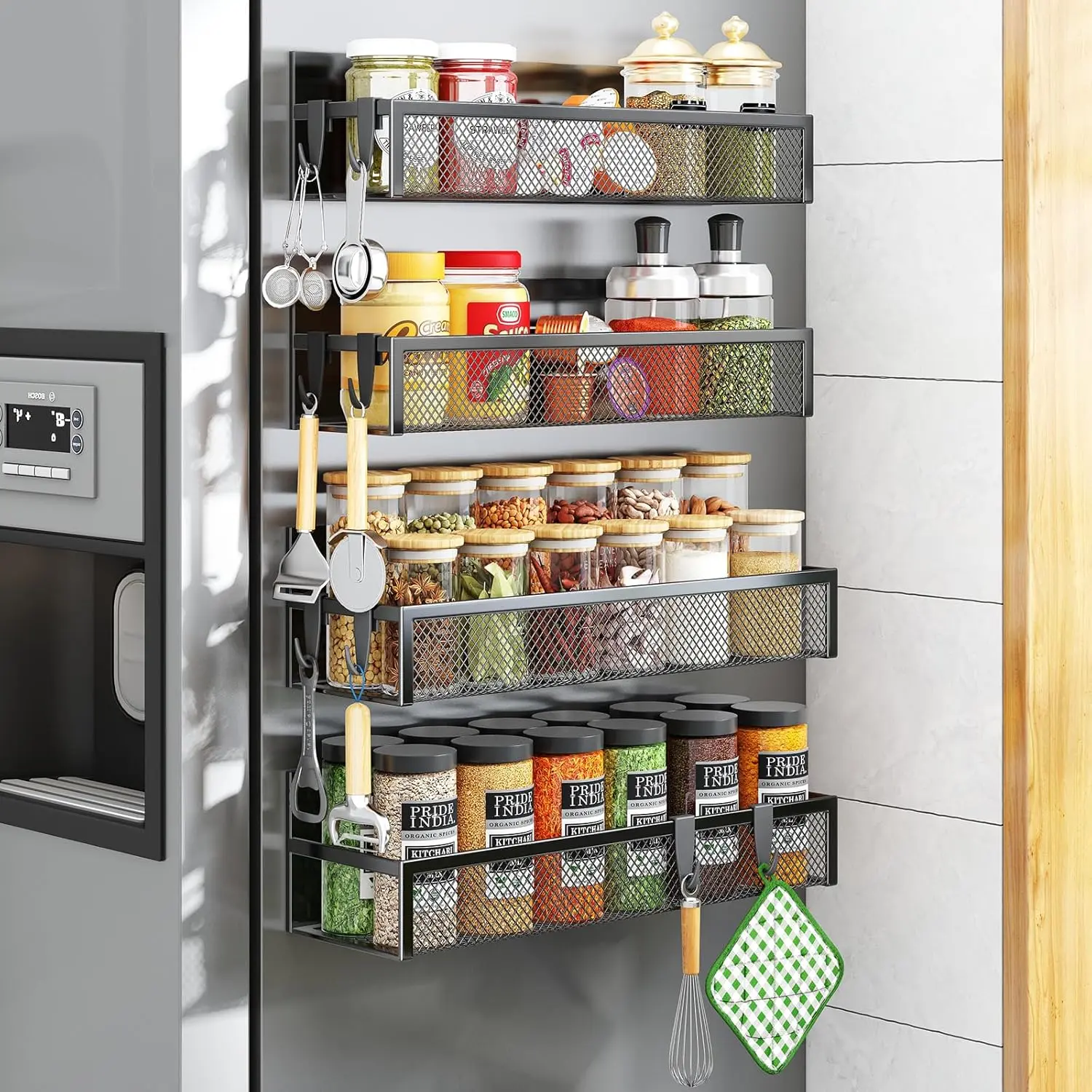 Rack for Refrigerator, 4 Pack  Shelf, Fridge  Organizer with Moveable 8 Hooks,  Fridge Shelf for Kitchen Organization and Storage (4 Pack)