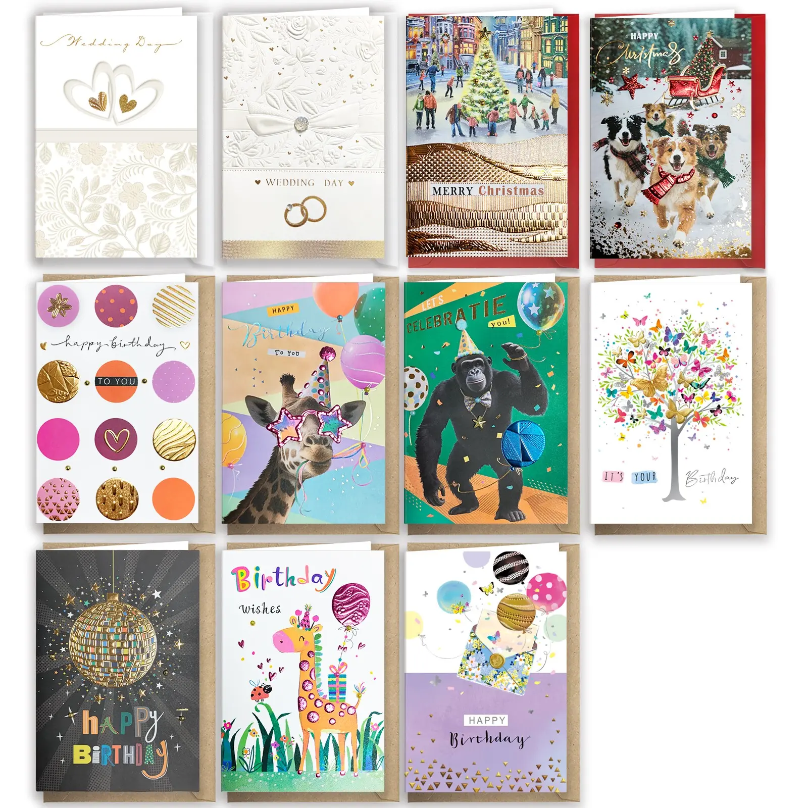 11 pcs Assorted Greeting Card Set with Envelopes, Fun Birthday Cards, Wedding and Christmas Holiday Cards, Gift Cards for Friends and Family