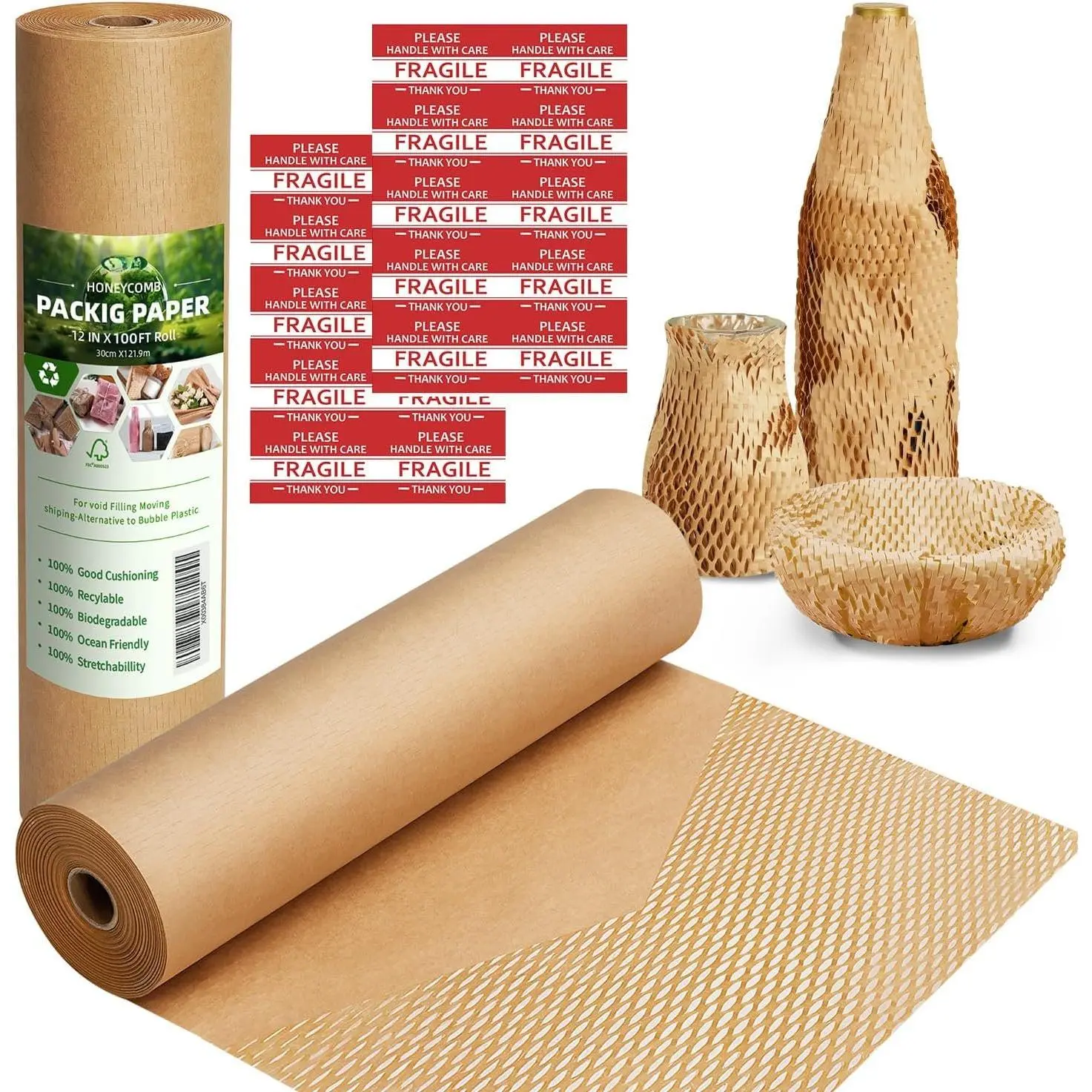 Packing Paper,12" W x 100' L Packing Paper for Moving,Products & Gifts  Wrapping Paper,Recyclable and  Cushioning Packing Material with 10 Fragile Sticker Labels