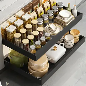 OUTGOODS Expandable Pull Out Cabinet Organizer, Adjustable Width Heavy-Duty Sliding Storage Shelf, Adhesive Mount Slide-Out Drawer for Kitchen Pantry, Bathroom & Under Sink Storage