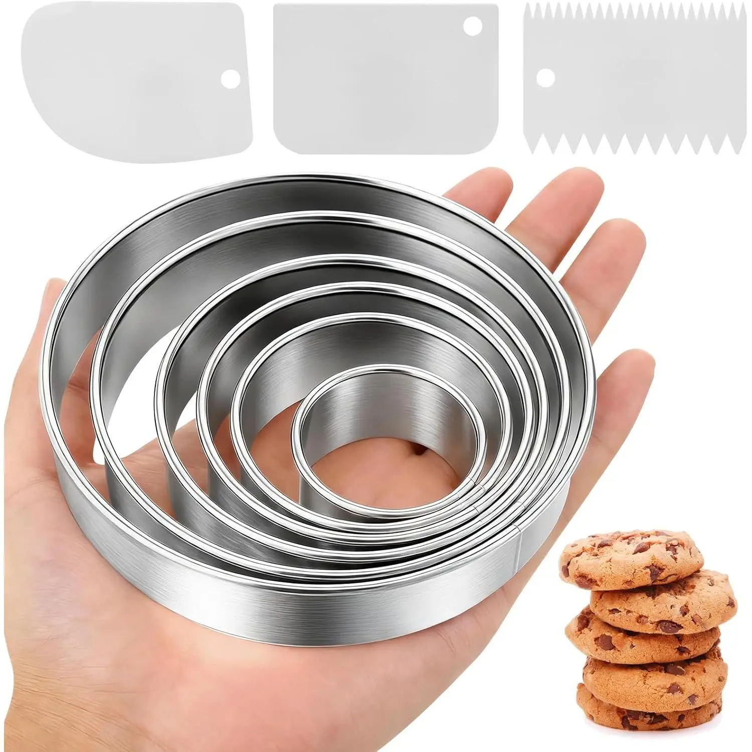 9 count Round Cookie  Set - Stainless Steel Biscuit Cutters(2,3,3.5,4,5,6Inch) with 3 Firm Plastic Dough Scrapers – Large Circle Cookie  for Baking Pastry, Donuts, Fondant & Brownies