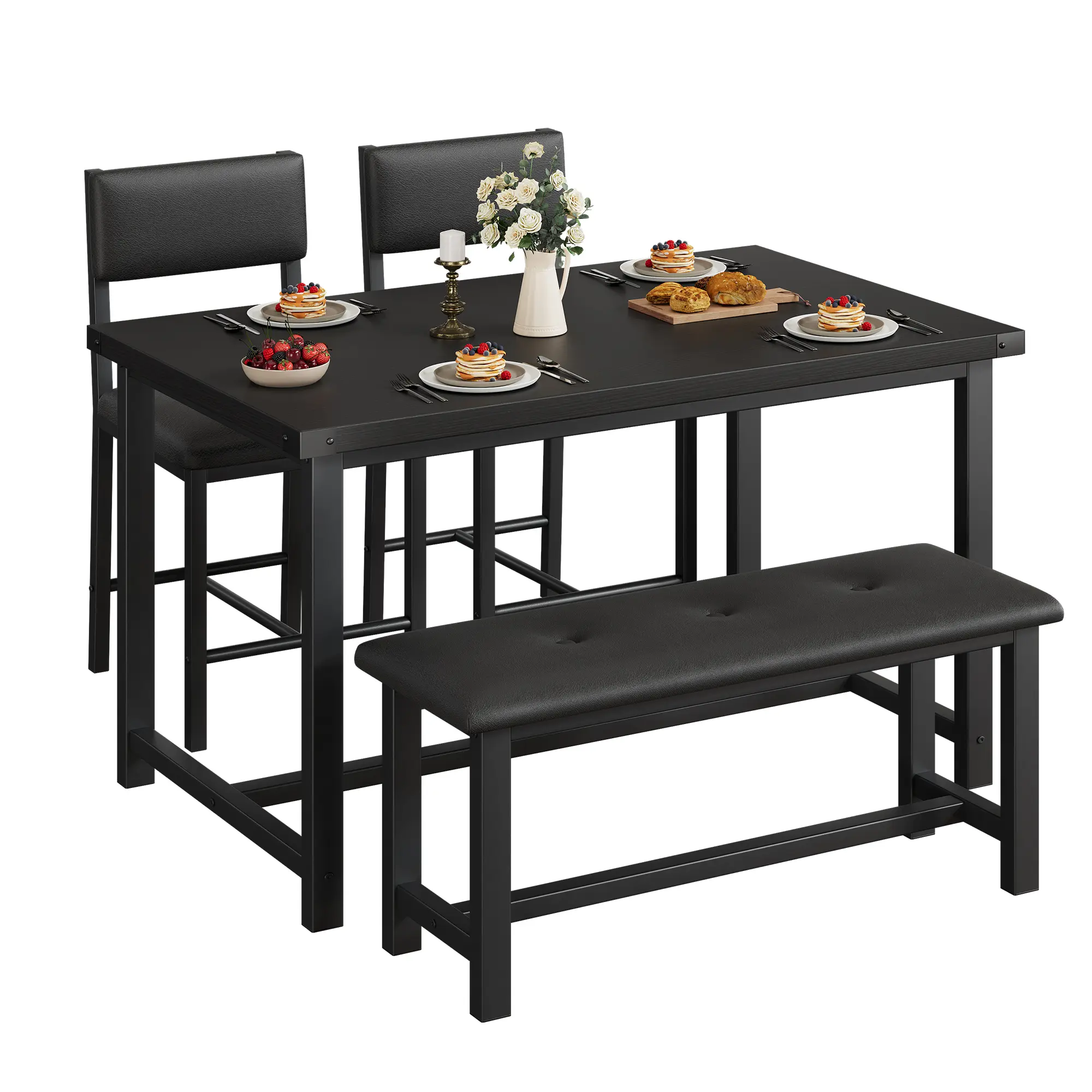 Dining Table Set for 4, 5 Piece Kitchen Table Set with Upholstered Bench and 2 Chairs, Rectangular Dining Room Table Set