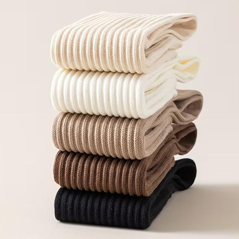 5-Pair Compression Calf Socks, Women's Vertical Stripe Solid Color Calf Socks, Versatile Slouch Socks