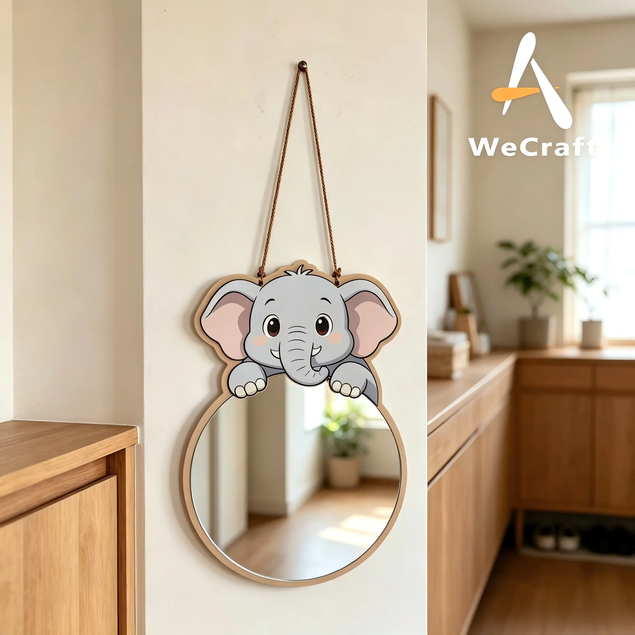 1Pc Cute Cartoon Elephant Wood Hanging Wall Mirror, Animal Shaped Decor Vanity Mirror, Creative Wall Decor Mirror for Entryway Bedroom