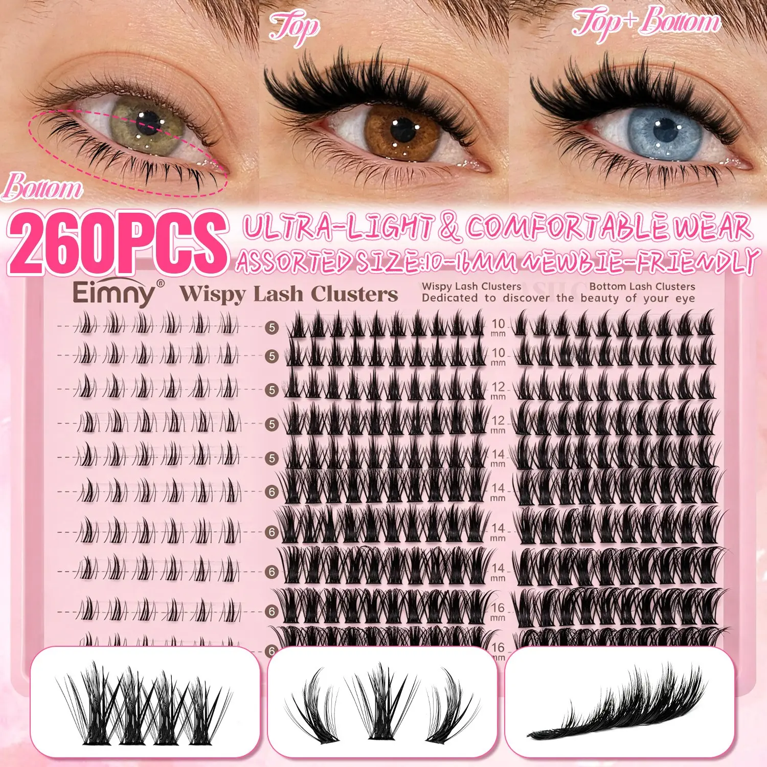 Manga Lash Clusters Kit with Bottom Lash Natural Wispy Fluffy Individual Lash Extensions 260Pcs Cluster Eyelash Extensions Kit Mixing Length D Curl, Easy to Apply Beginner-Friendly