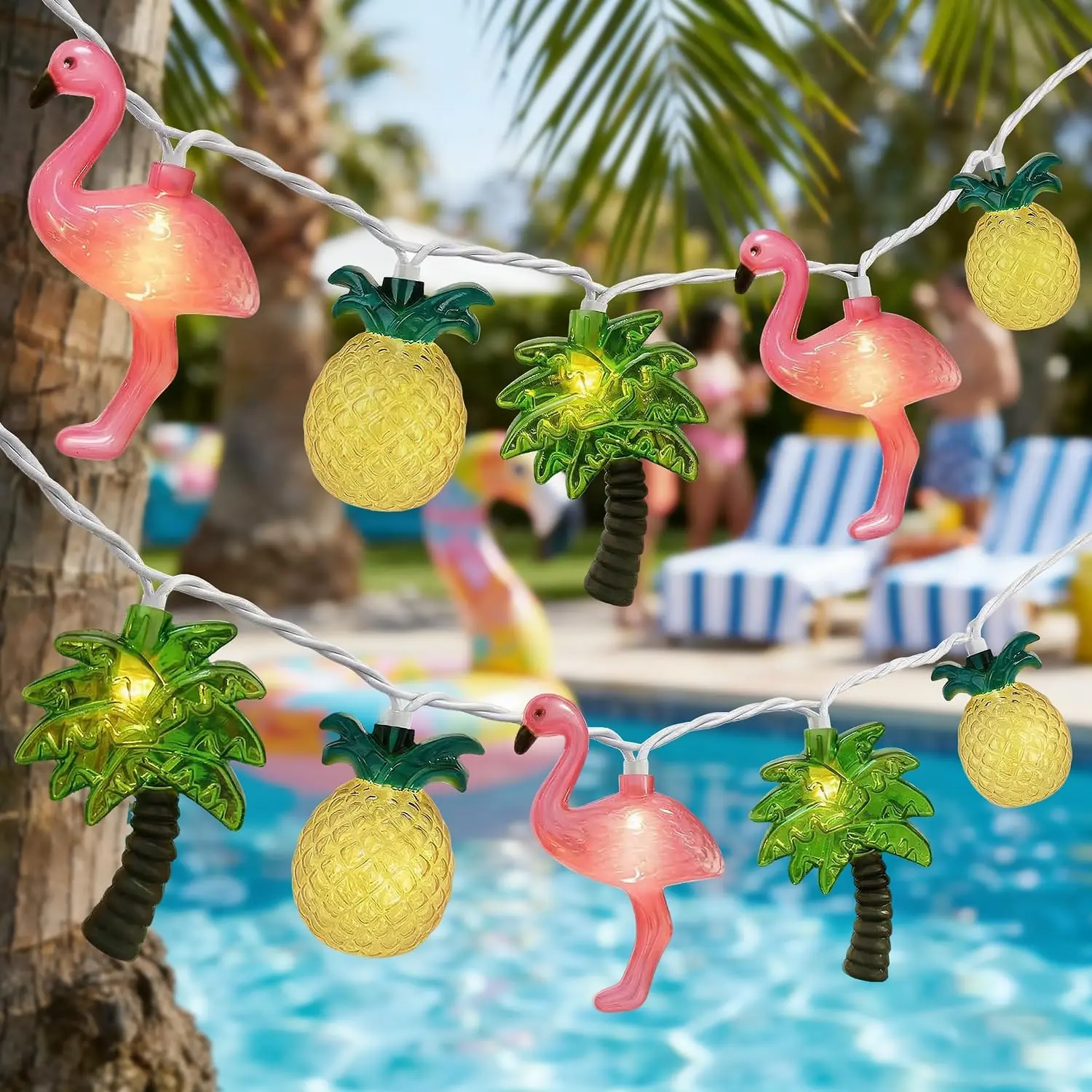 Hawaiian Party Decorations Lights - 8.5Ft LED Flamingo Pineapple Palm Tree Lights Tropical String Lights Tiki Lights Outdoor for Summer Hawaiian Themed Pool Beach Party Bar Home Room Tropical Decor