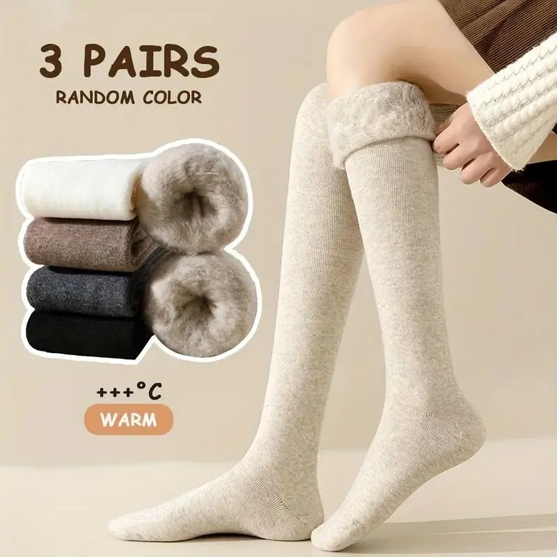Women’s Basic 3-Pairs Random Color Plush-Lined Over-the-Knee Sports Socks, Thick Ribbed-Cuff Comfortable Thigh-High Winter Stockings for Lounging, Pajamas, Everyday Cold-Weather Wear