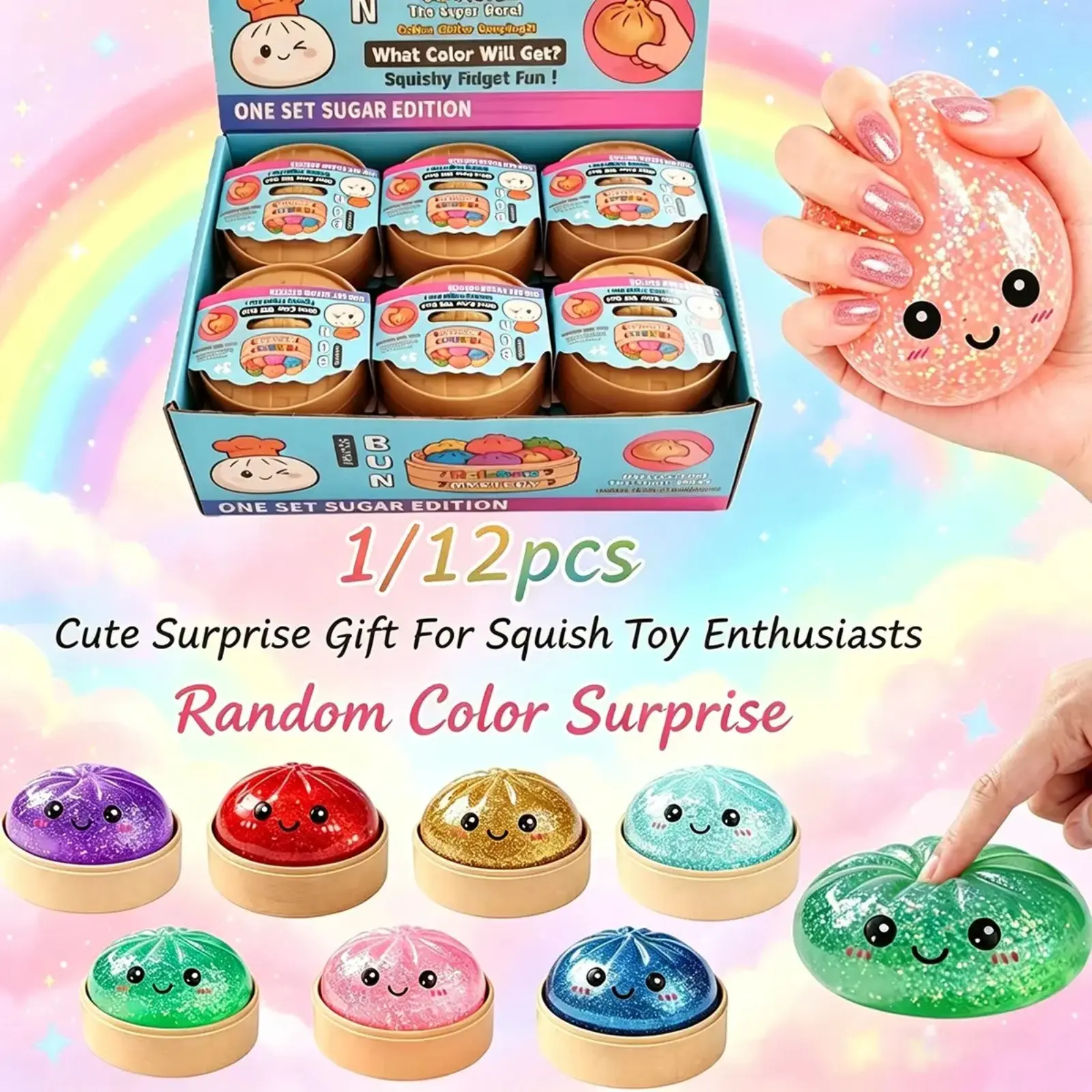 12PCS Glitter Dumpling Squishy, Sparkly Squishies, Glittery Squishies, Mini Real Bun Dumplings Stress Relief Set Pack Box, Crazy Fun Dumpling Squeeze Stress Balls Toys Fidget Cute Sensory for Anxiety Relief Toy Hand Relax, Birthday Gifts