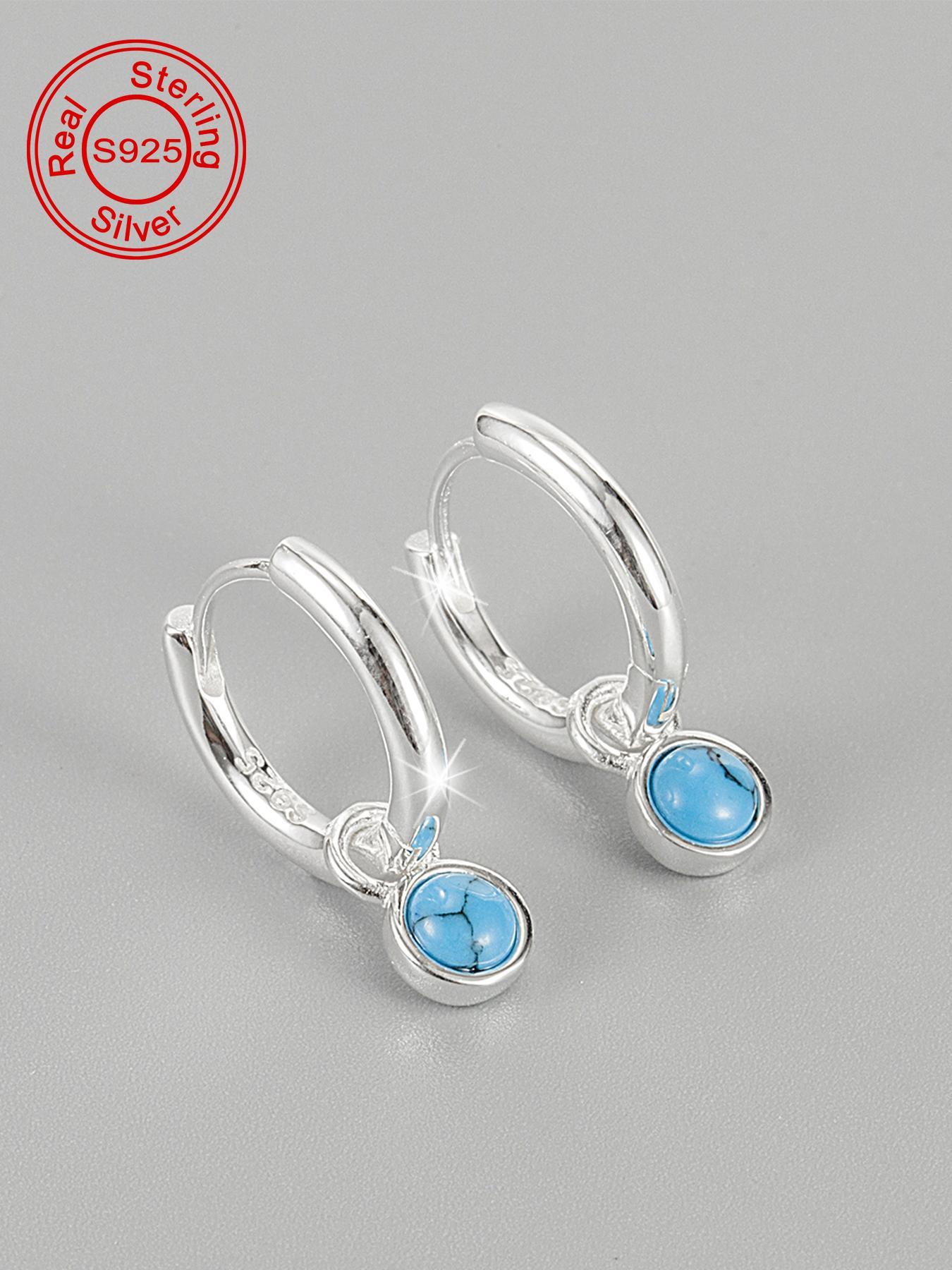 925 Sterling Silver Fashion Blue Turquoise Decor Hoop Earrings, Elegant Jewelry for Women, Trendy All-match & Exquisite Jewelry for Birthday Gift