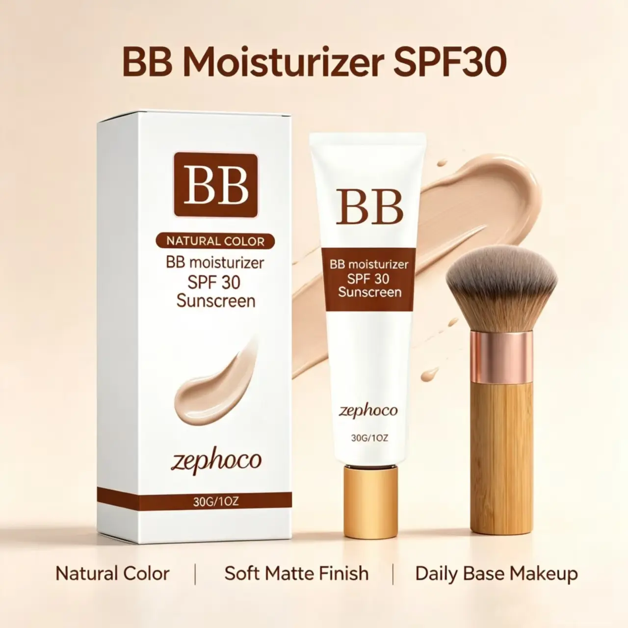 Zephoco Moisturizing Sunscreen BB Cream (Natural Shade) - Hydrating Cosmetic Moisturizer, Soft Lightweight Delicate Coverage Normal Skin-Friendly Soft Matte Daily Base Foundation with Hyaluronic Acid, SPF Protection